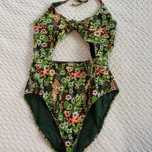 aerie green pink floral cutout one piece swimsuit